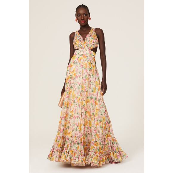 MAC DUGGAL Yellow Floral Chiffon Lace Up Tie Up Back Gown Dress - Picture 1 of 16